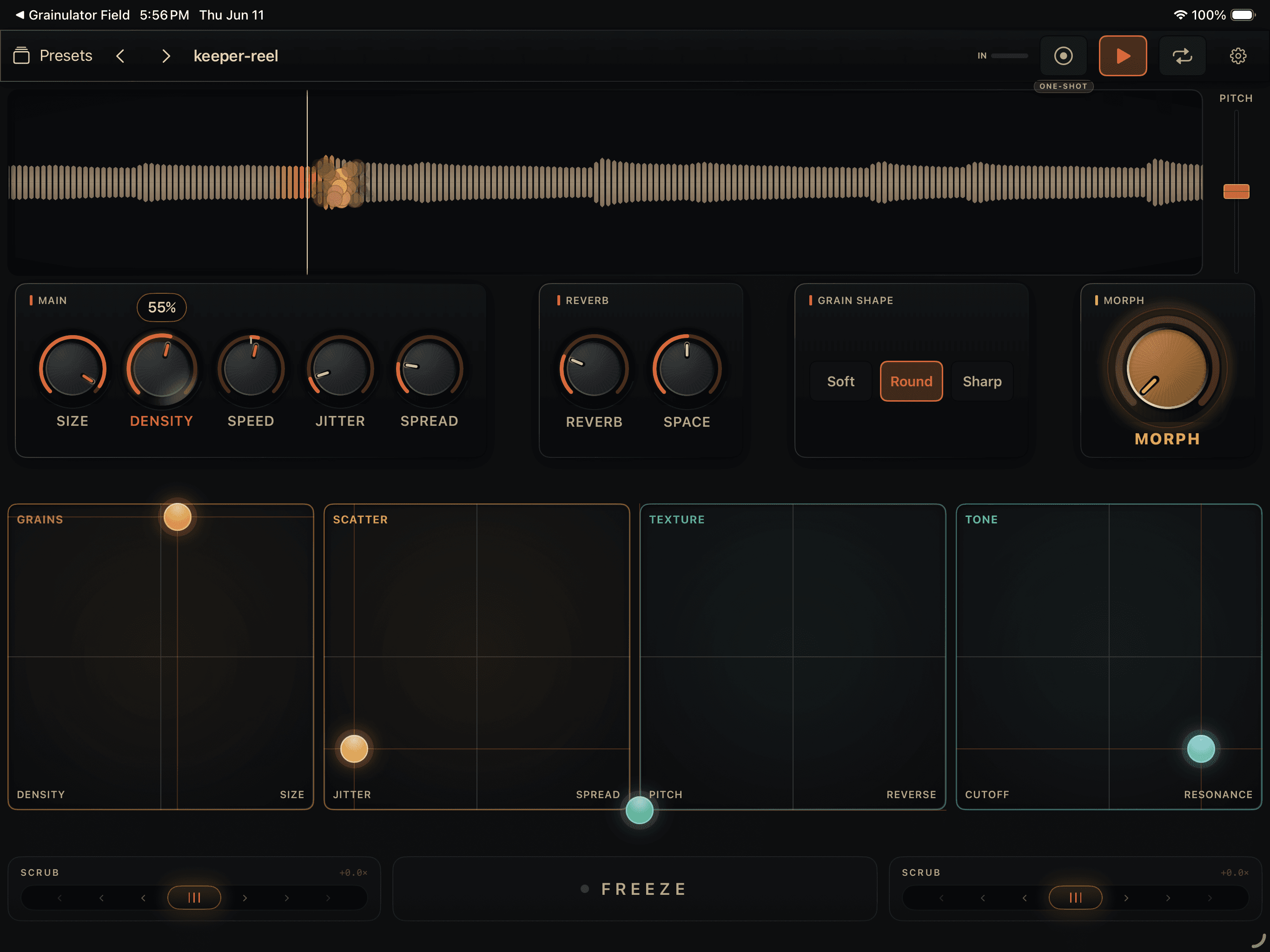 Grainsmith Field on iPad: waveform, ember knobs, four XY pads