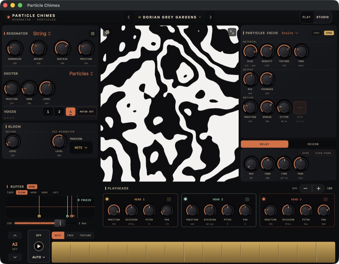 Particle Chimes Studio view playing Dorian Grey Gardens, with the black-and-white Bands visualizer in the center