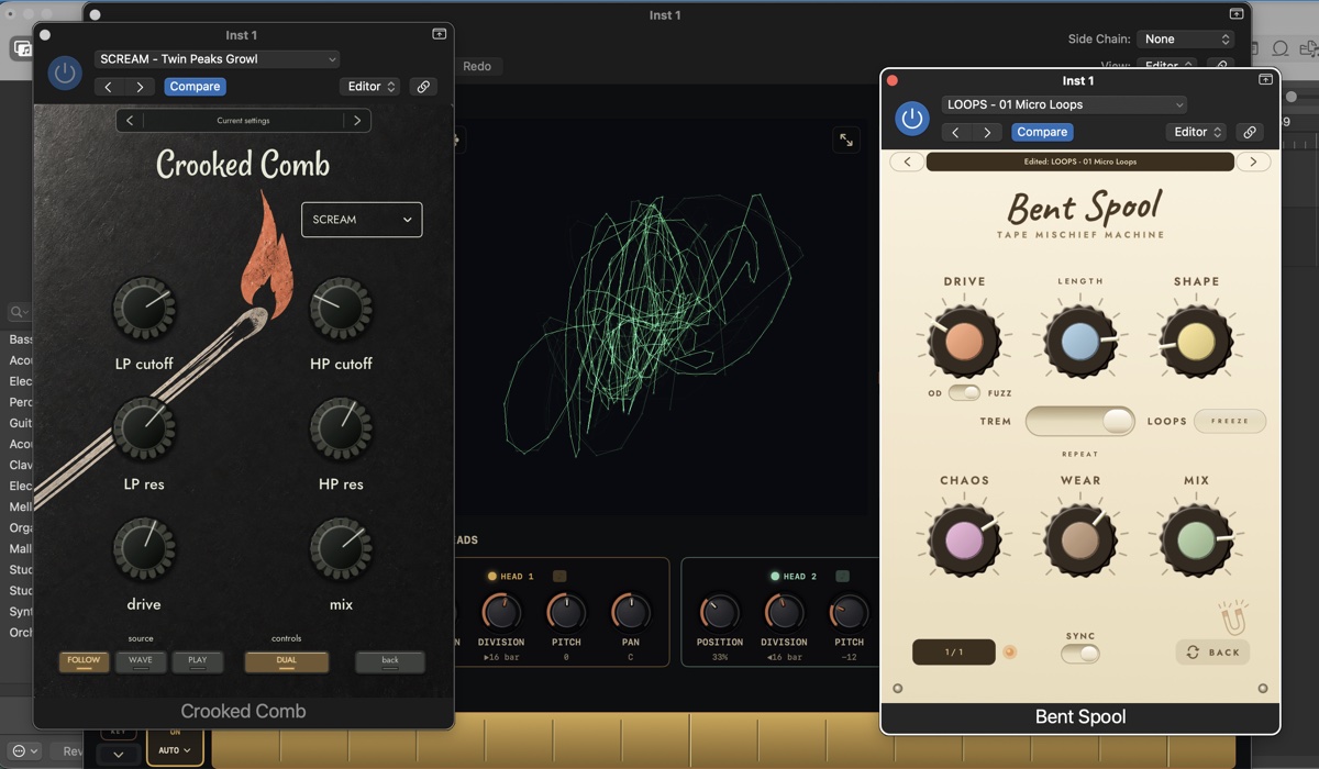 A Logic session with Crooked Comb, Particle Chimes and Bent Spool plugin windows open side by side